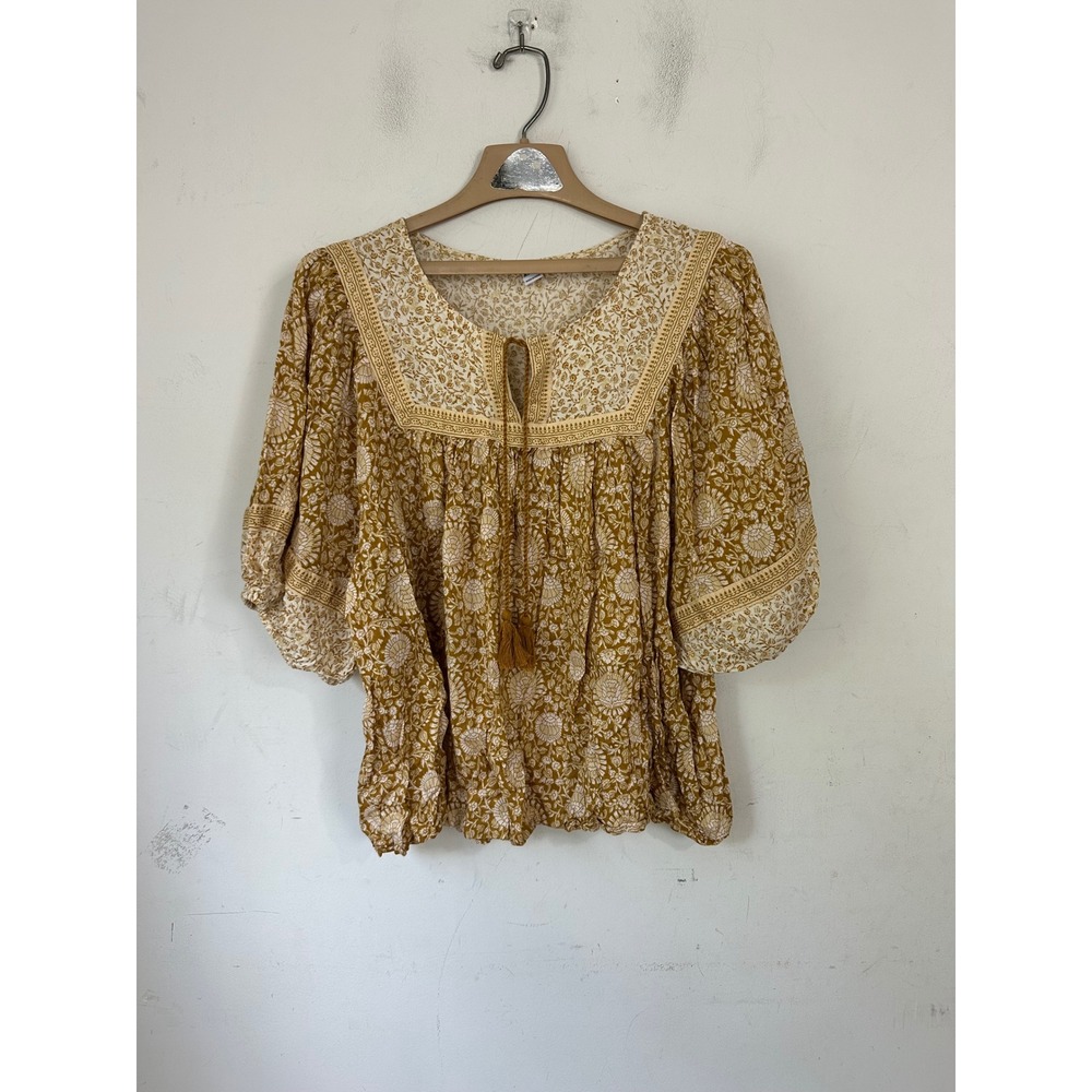 Old Navy Womens XXL Mustard Yellow Floral Block Print Tassel Peasant Blouse Top